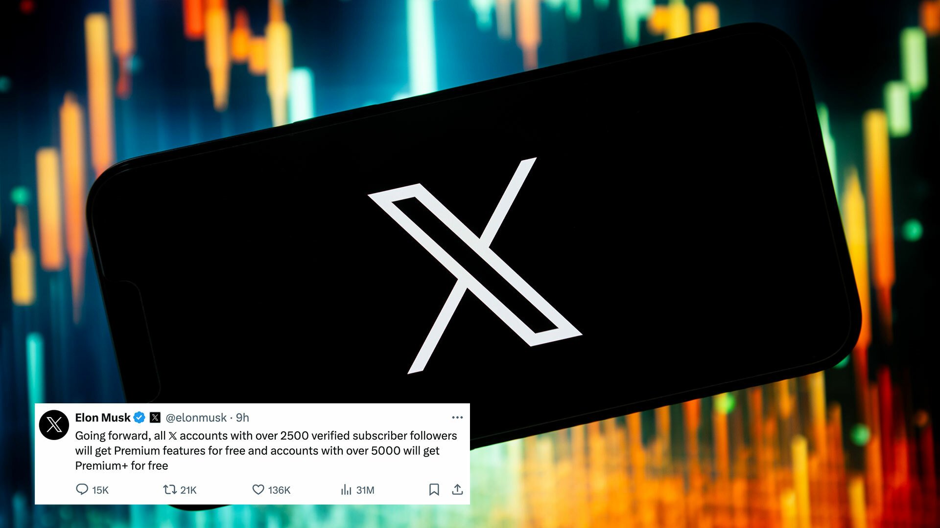 An X logo is visible on a smartphone, with a post from Elon Musk visible in the bottom-left corner.