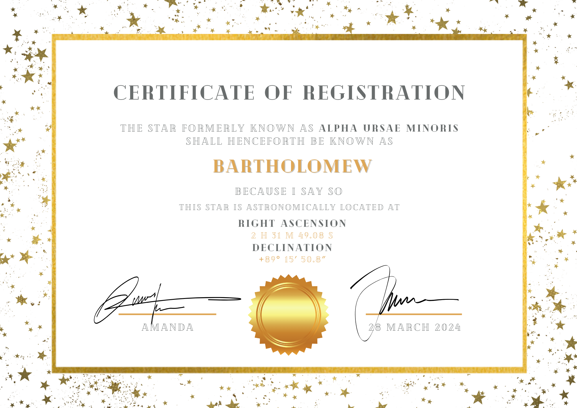A certificate of registration created in Canva which renames the North Star to "Bartholomew."