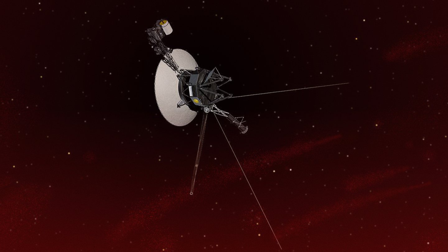 A conception of a Voyager craft flying through deep space.