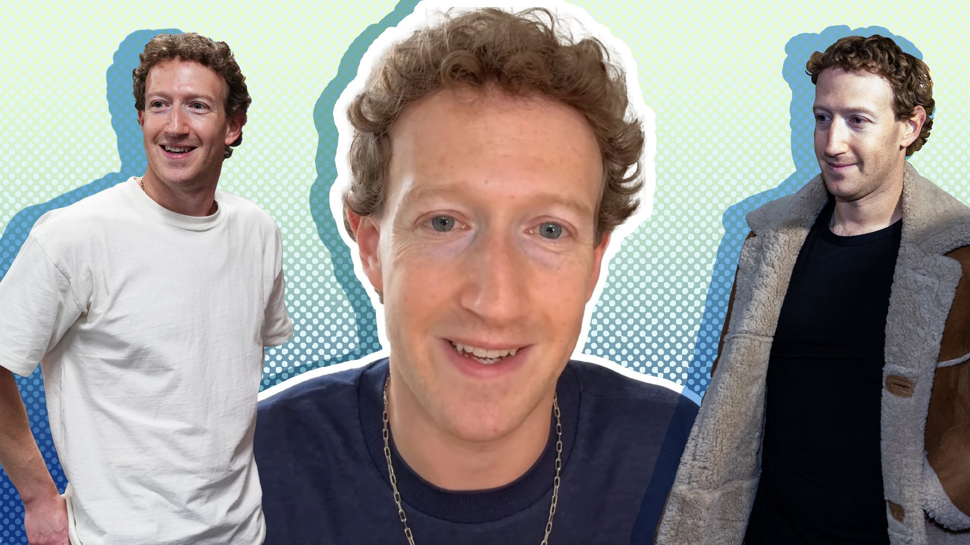 Three photos of Zuckerberg: one of him in a white tee, one of him in a blue tee and chain, and one of him in a shearling jacket.
