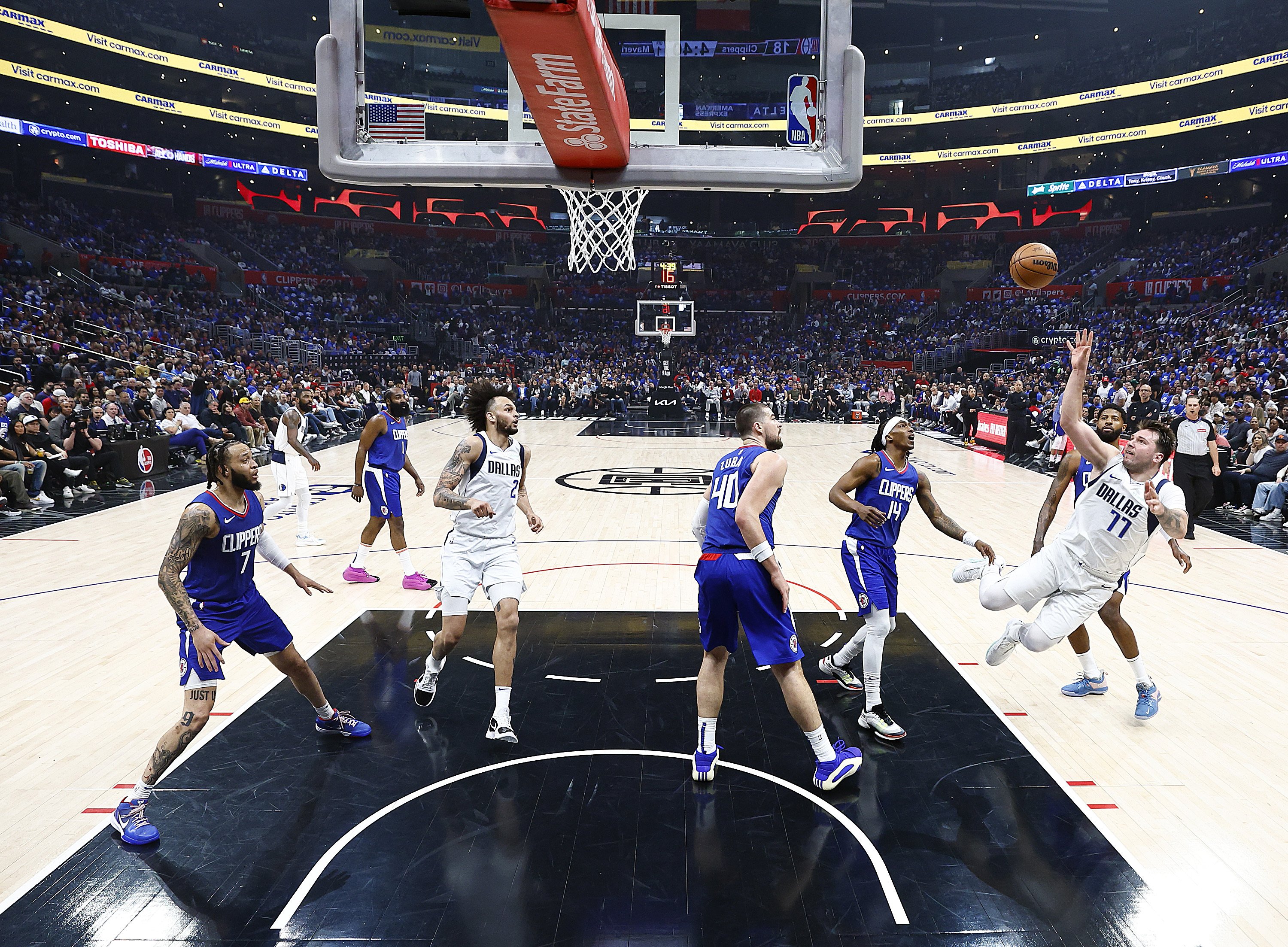 Luka Doncic of the Dallas Mavericks takes a shot against the LA Clippers