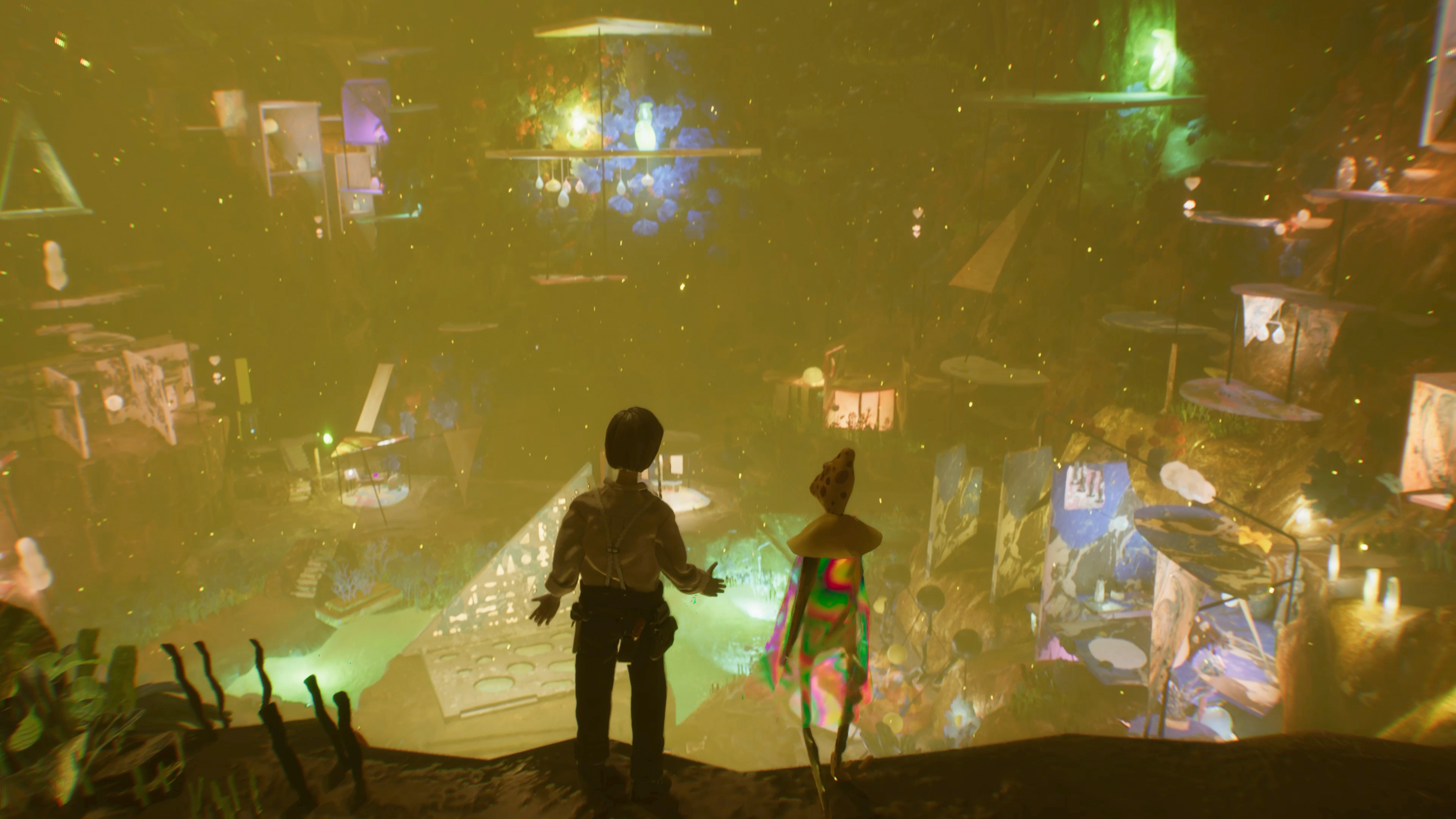 A man and a character with a mushroom cap for a head stand at the edge of a cliff, looking down at a vibrant, cluttered cavern filled with eclectic objects, artwork, and glowing lightsThe atmosphere is dreamlike, with a warm, yellowish glow and floating particles, creating a sense of otherworldly exploration.