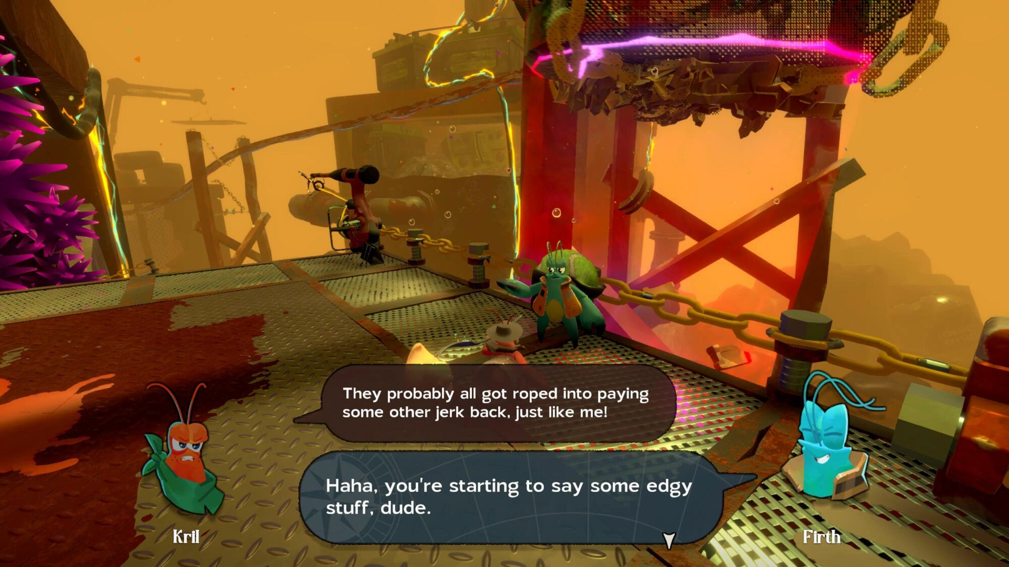 Dialogue in a game between two characters, Kril and Firth, with Firth commenting on Kril's 'edgy' statement against a backdrop of industrial equipment.