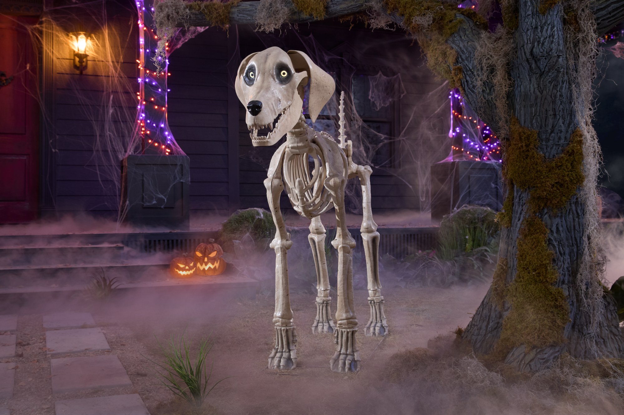 the 5 Ft. Skeleton Dog from home depot in front of a spooky, smoky house