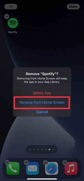 A screenshot of an iPhone home screen showing how to remove an app from the home screen.