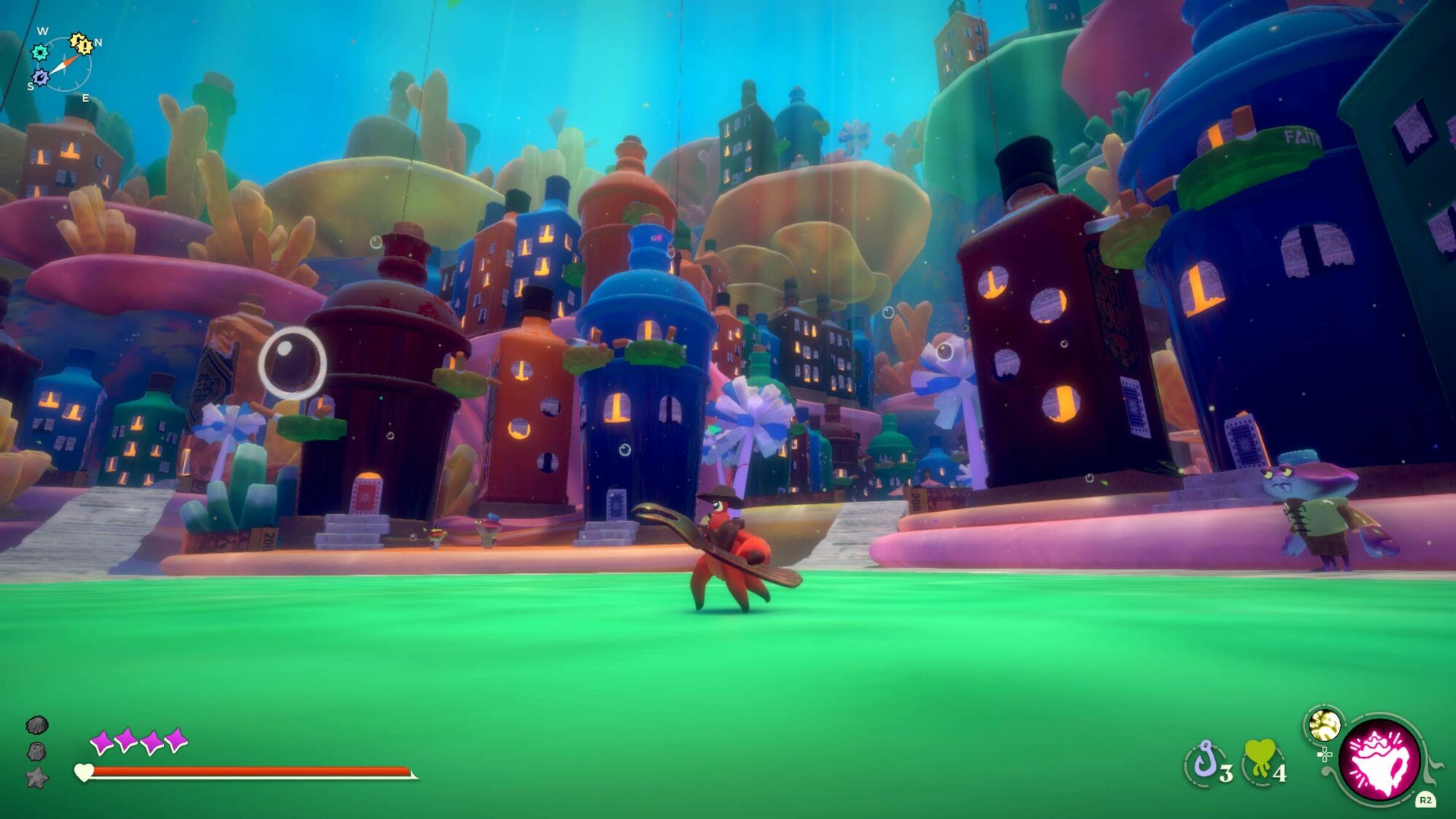A vibrant, cartoon-like underwater cityscape with coral structures and whimsical buildings, with the red crab character in the foreground.