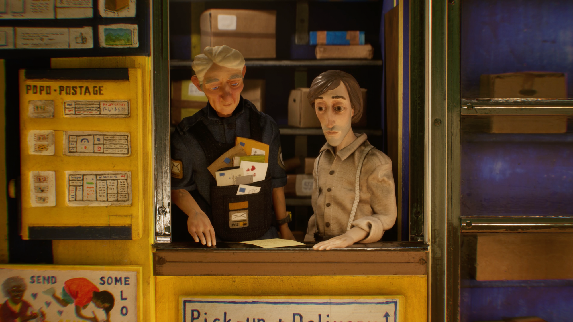 A cozy scene inside a postal office with two characters interacting, surrounded by letters and packages, with a vibrant blue and yellow color scheme.