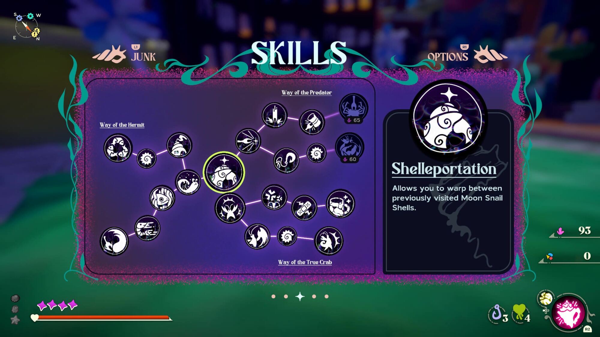 A game 'Skills' screen showing unlocked and locked abilities arranged in interconnected circles, with the highlighted ability being 'Shelleportation.'