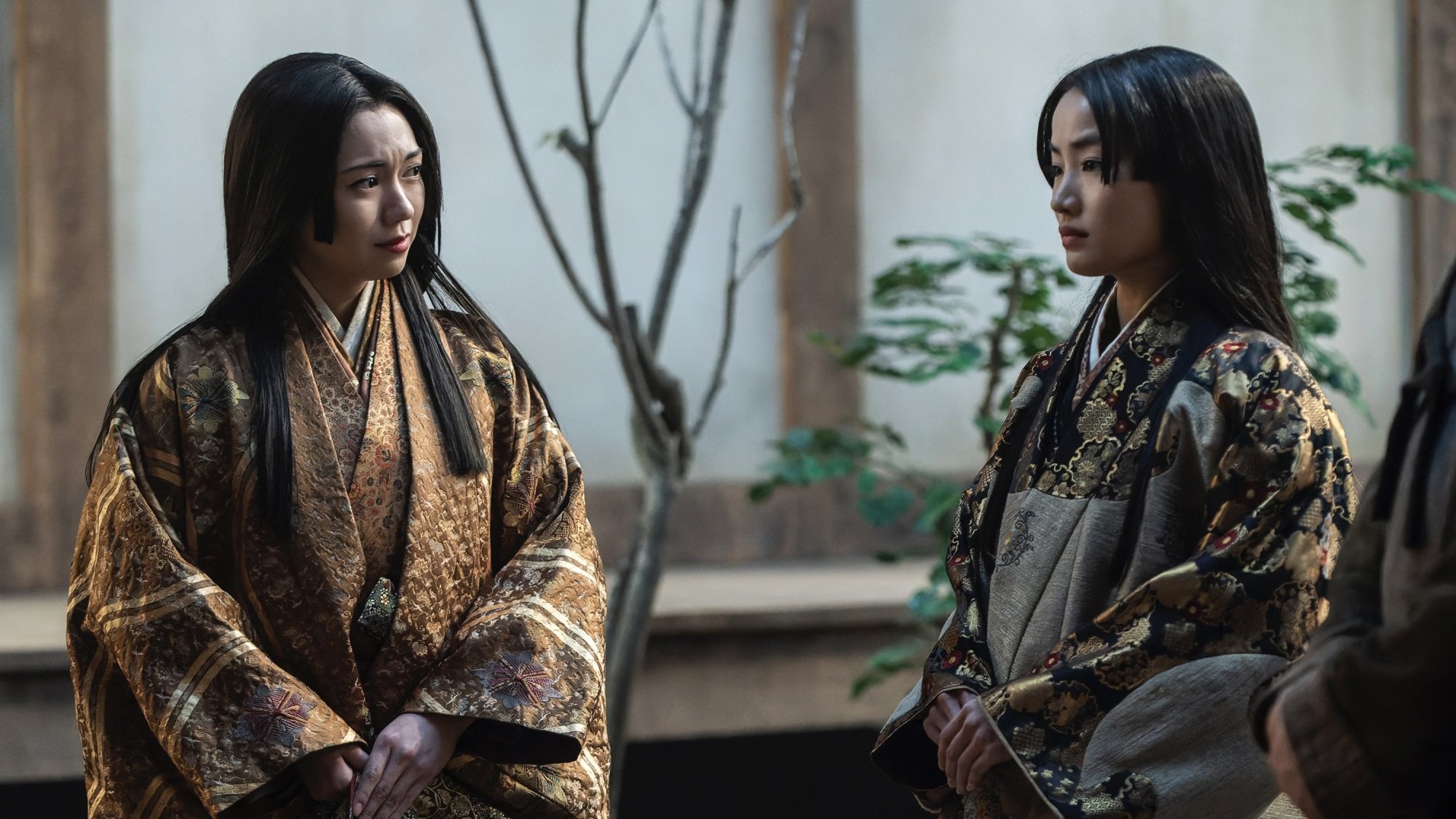 Lady Ochiba and Mariko from "Shōgun" have a conversation in a garden.