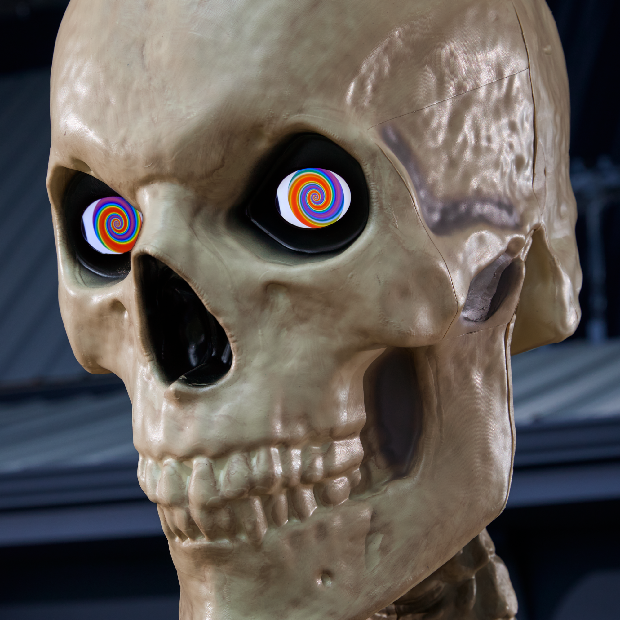 a close-up of the 12-foot home depot skeleton's new lcd eyes