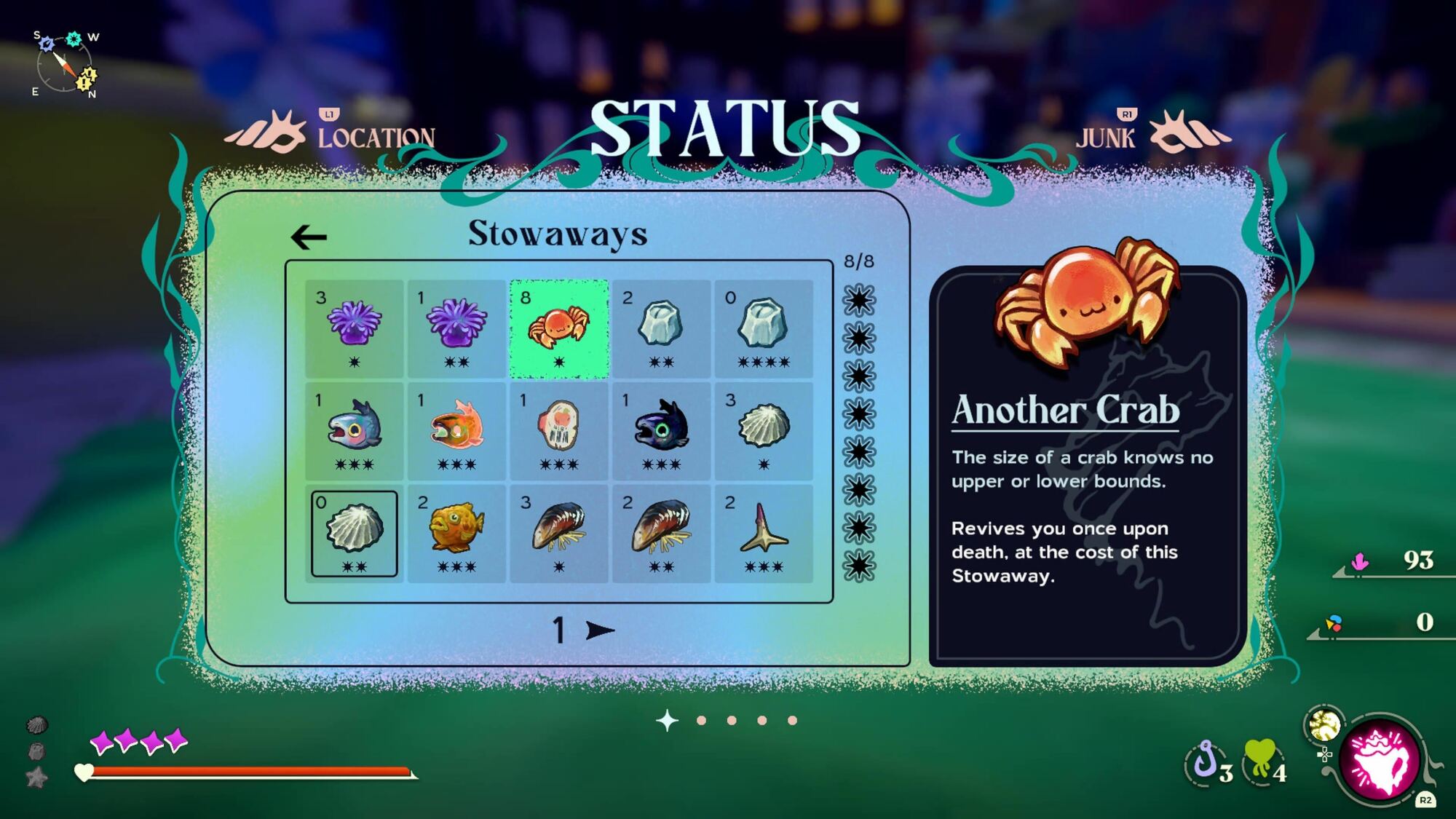 A game interface displaying a 'Status' screen with 'Stowaways' inventory, featuring illustrated items like fish, shells, and a special item called 'Another Crab.'