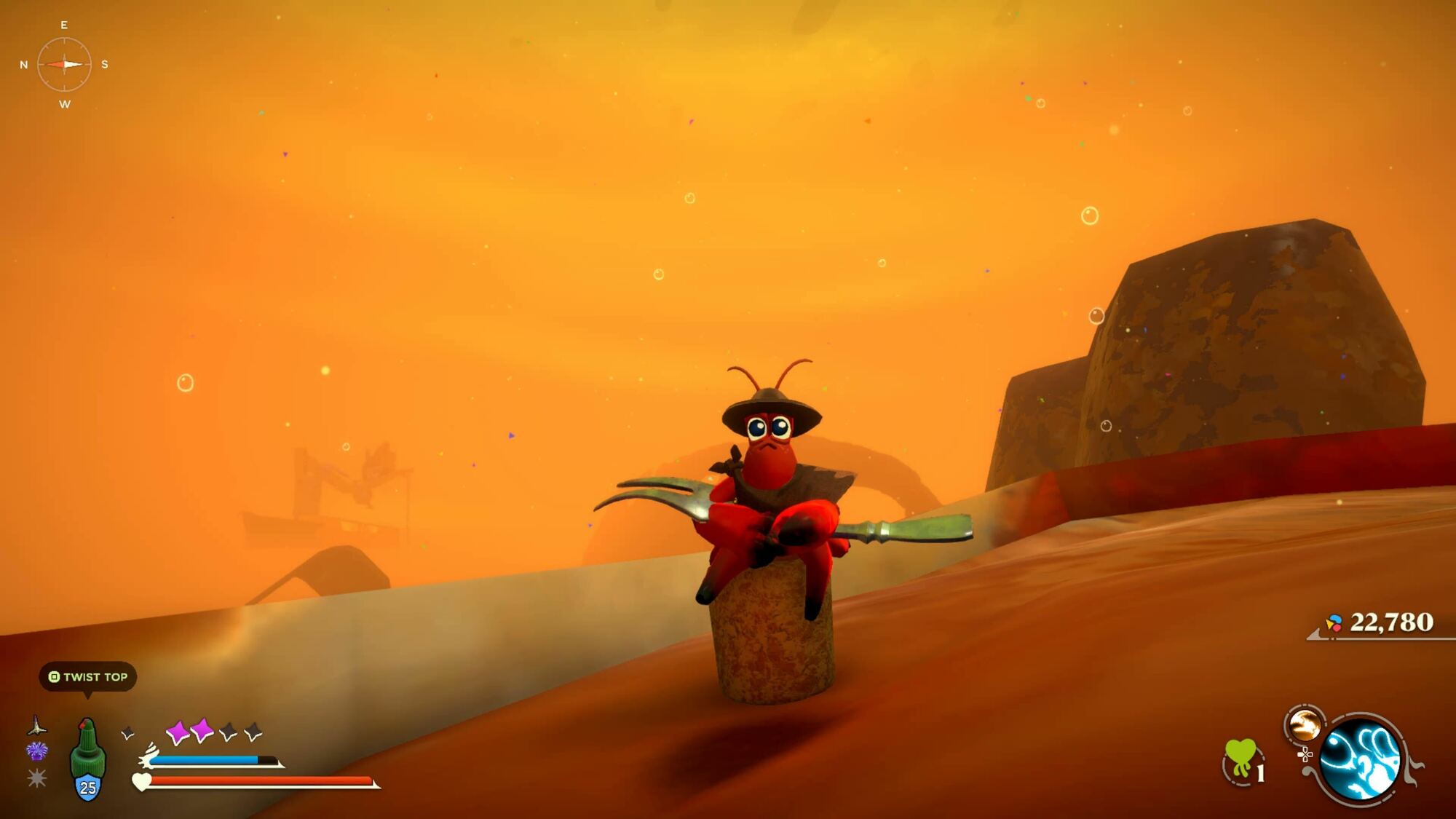 A cartoonish red crab with large eyes, wielding a fork, perched on a cork, against an orange backdrop with floating particles.