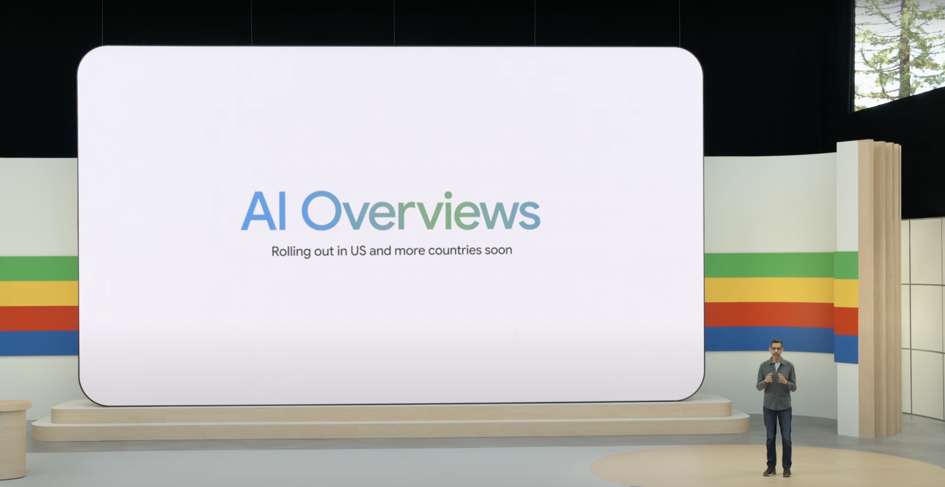 Man standing in front of a giant screen that says AI Overviews