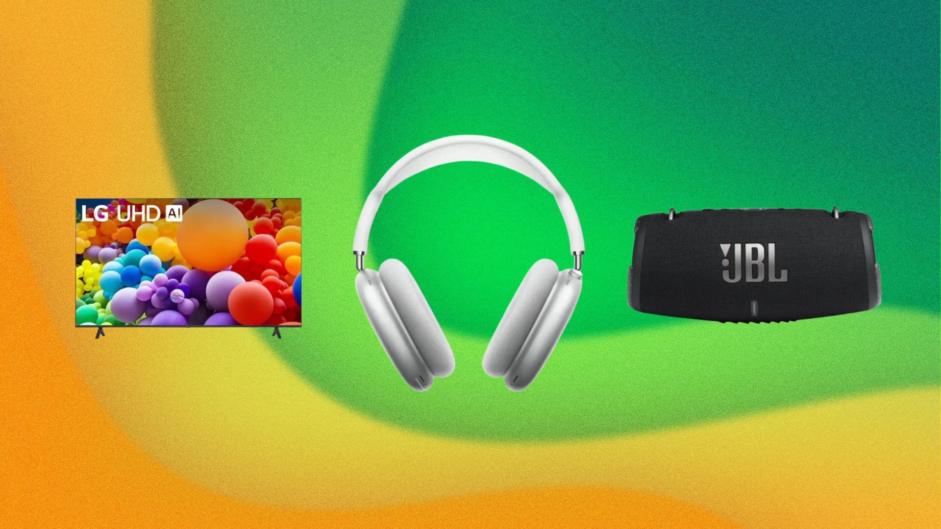 Apple headphones, a JBL speaker, and an LG TV appear on a green and yellow swirly background.