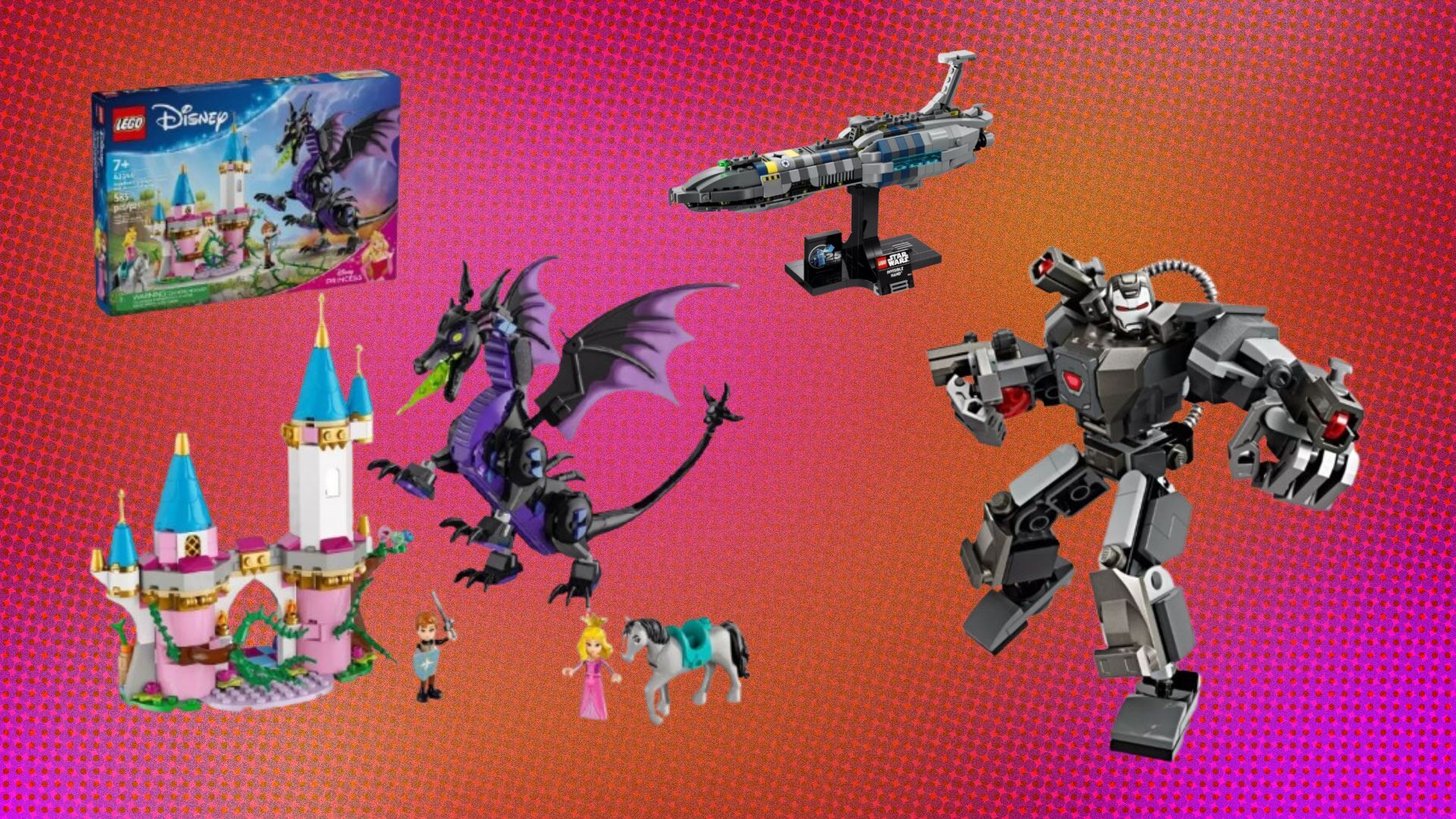 Three Lego sets appears on an orange and purple background including War Machine, Star Wars, and a Lego Disney Princess set with a purple dragon.