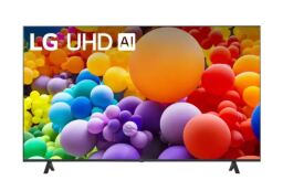 A LG 43” UT70 Series UHD Smart webOS TV shows balloons on its screen and appears on white.