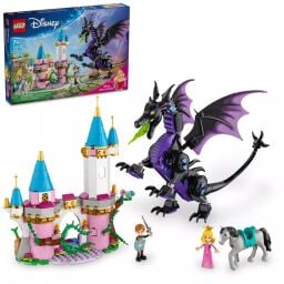 A Lego dragon, pink castle, knight, horse, and princess appear on a white background with their packaging.