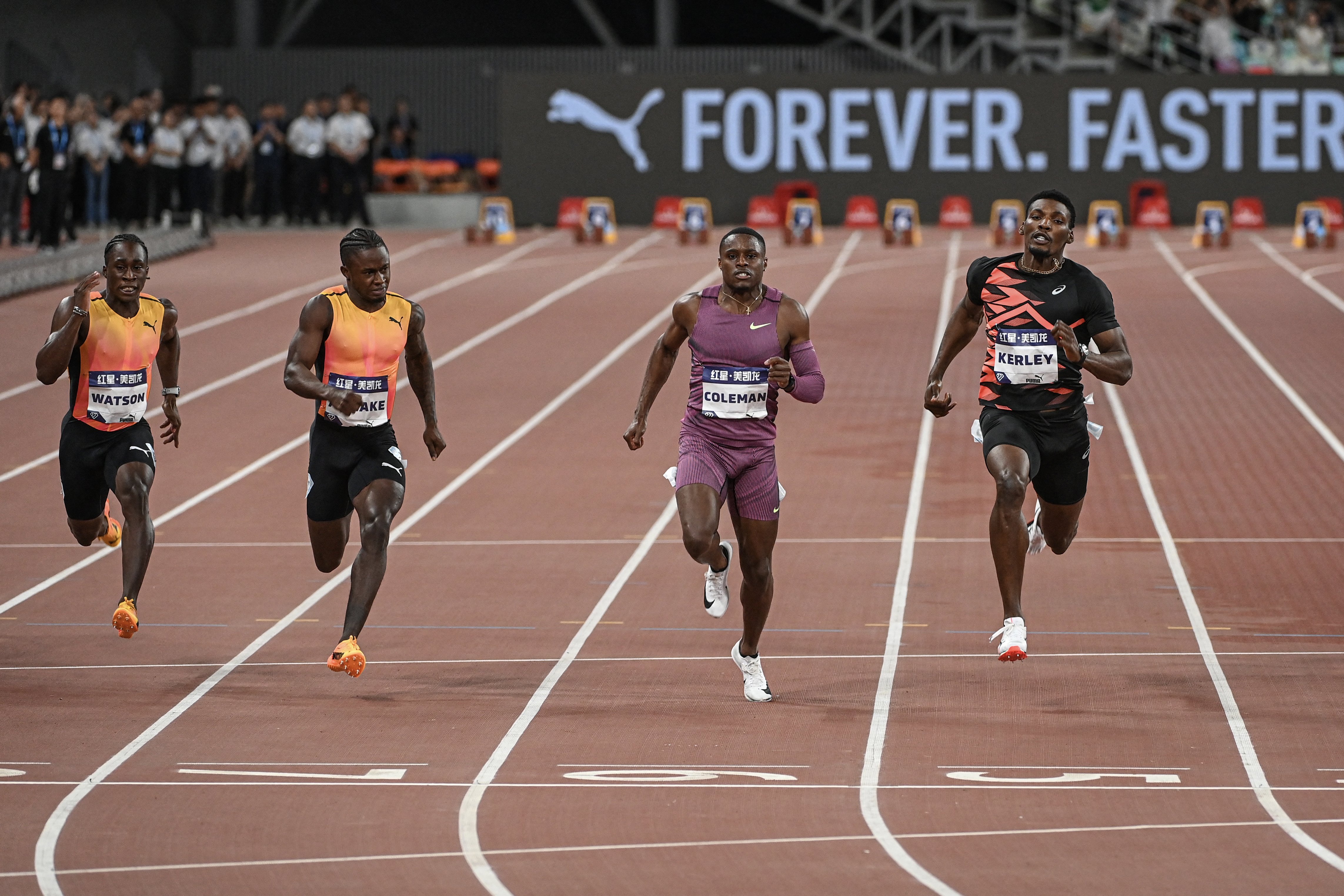 Jamaica's Rohan Watson, Jamaica's Ackeem Blake, US' Christian Coleman and US' Fred Kerley compete in the 100m